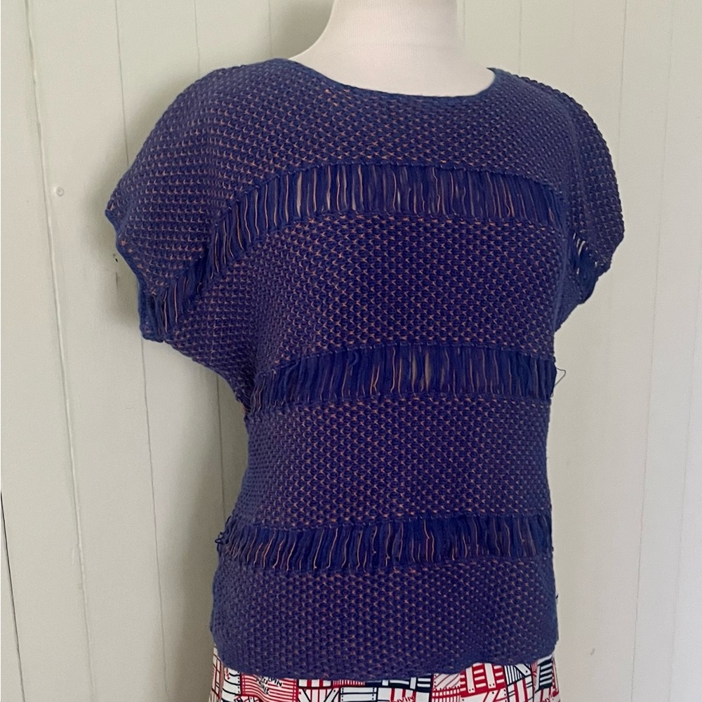 Comptoir Des Cotonniers 3/Medium Top Knit Crochet Blue Short/Slub Sleeve Sweater